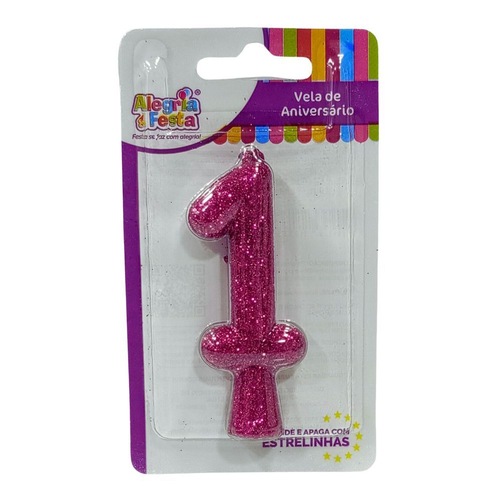 Vela de Aniversário Cintilante Rosa Nº1 Alegria e Festa