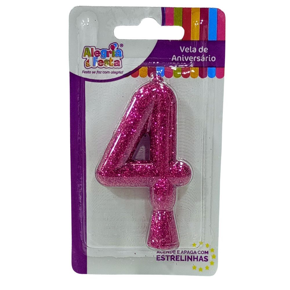 Vela de Aniversário Cintilante Rosa Nº4 Alegria e Festa