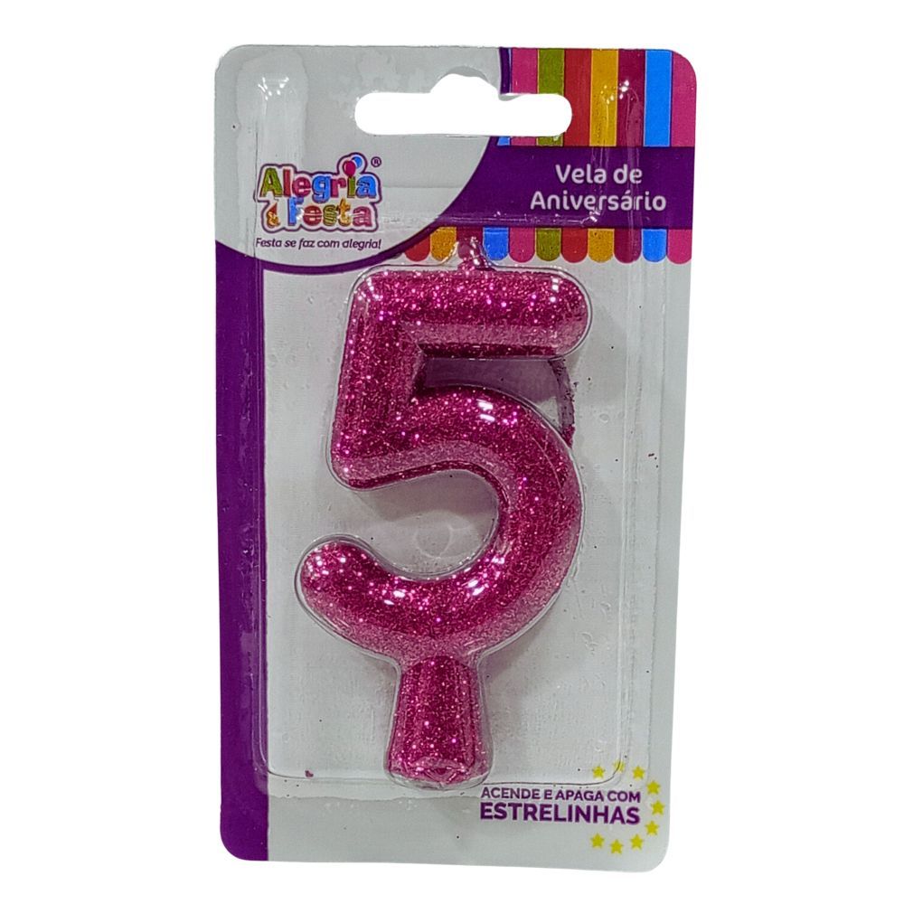 Vela de Aniversário Cintilante Rosa Nº5 Alegria e Festa