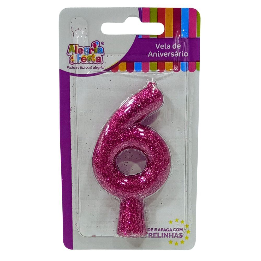 Vela de Aniversário Cintilante Rosa Nº6 Alegria e Festa