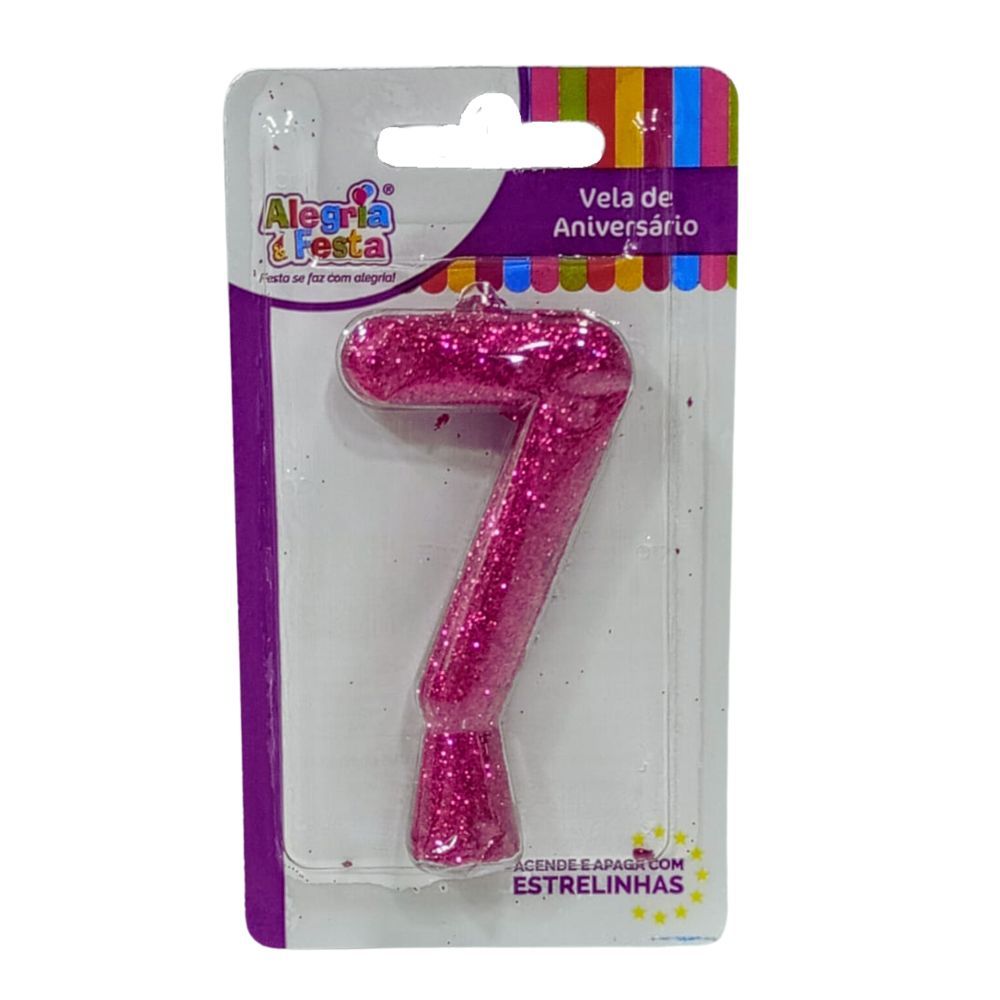 Vela de Aniversário Cintilante Rosa Nº7 Alegria e Festa