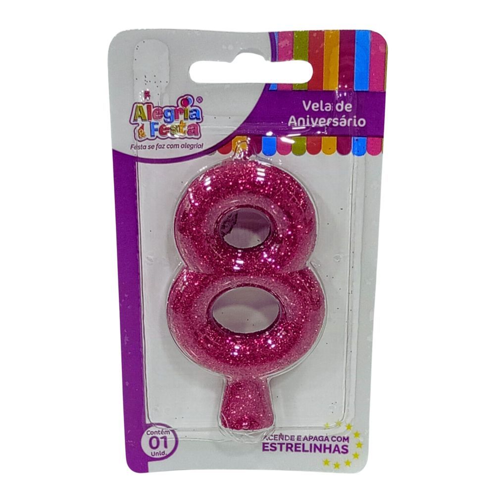 Vela de Aniversário Cintilante Rosa Nº8 Alegria e Festa