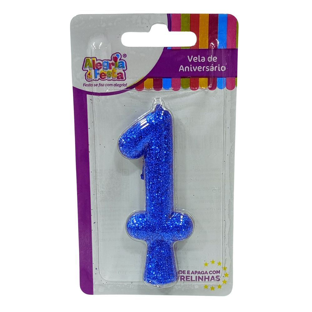 Vela de Aniversário Cintilante Azul Nº1 Alegria e Festa