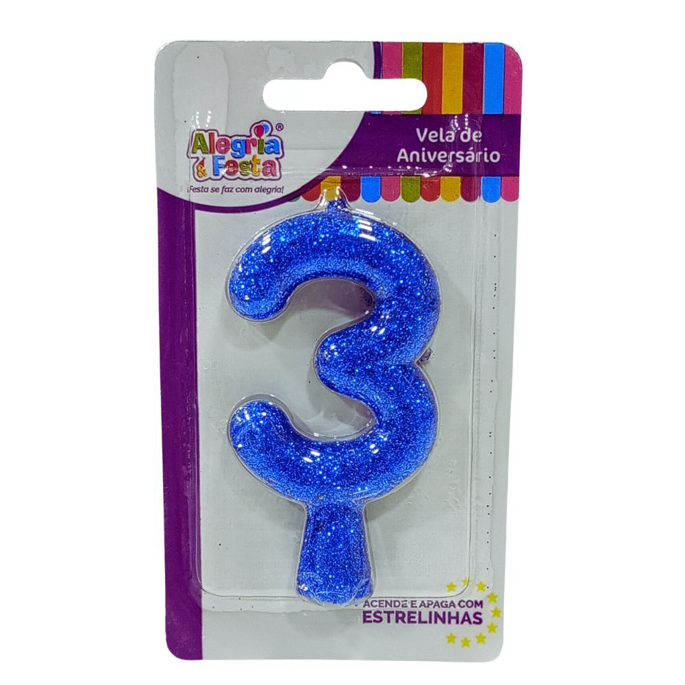 Vela de Aniversário Cintilante Azul Nº3 Alegria e Festa