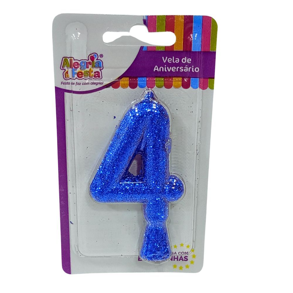 Vela de Aniversário Cintilante Azul Nº4 Alegria e Festa