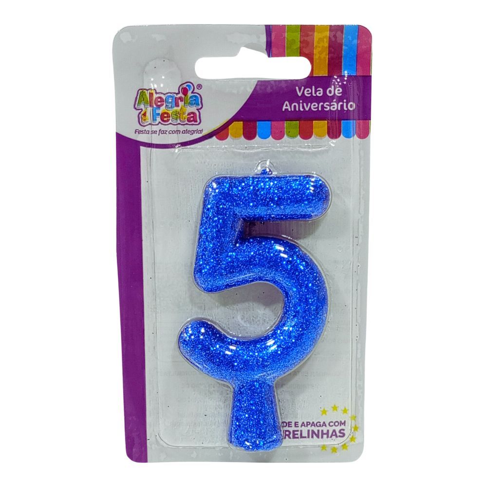 Vela de Aniversário Cintilante Azul Nº5 Alegria e Festa