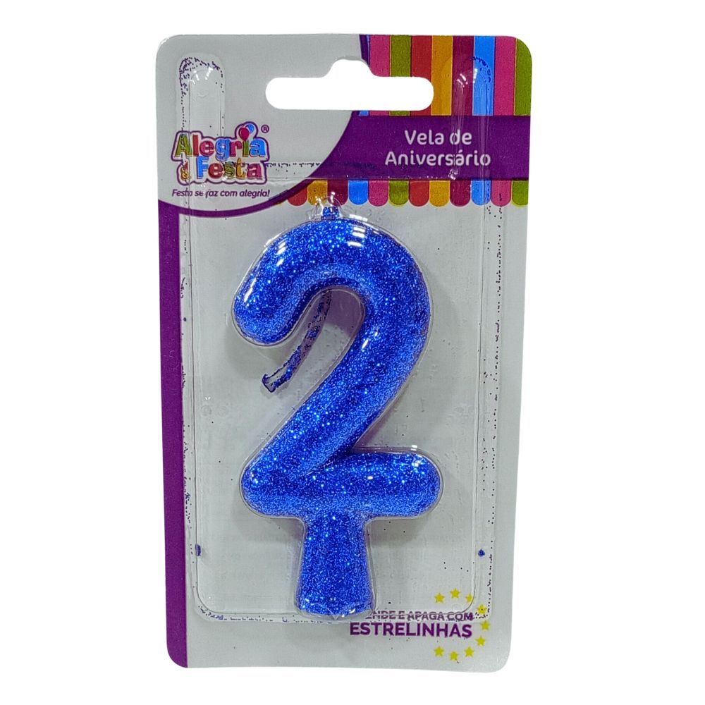 Vela de Aniversário Cintilante Azul Nº2 Alegria e Festa
