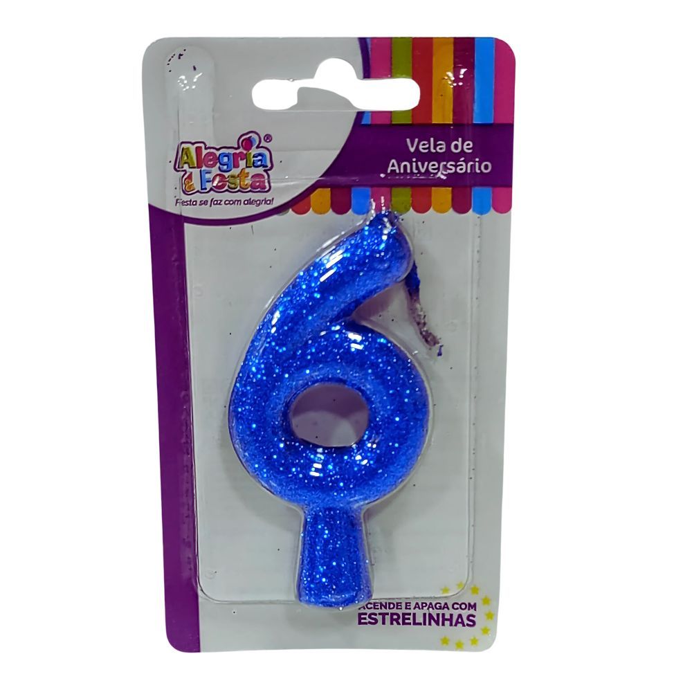 Vela de Aniversário Cintilante Azul Nº6 Alegria e Festa