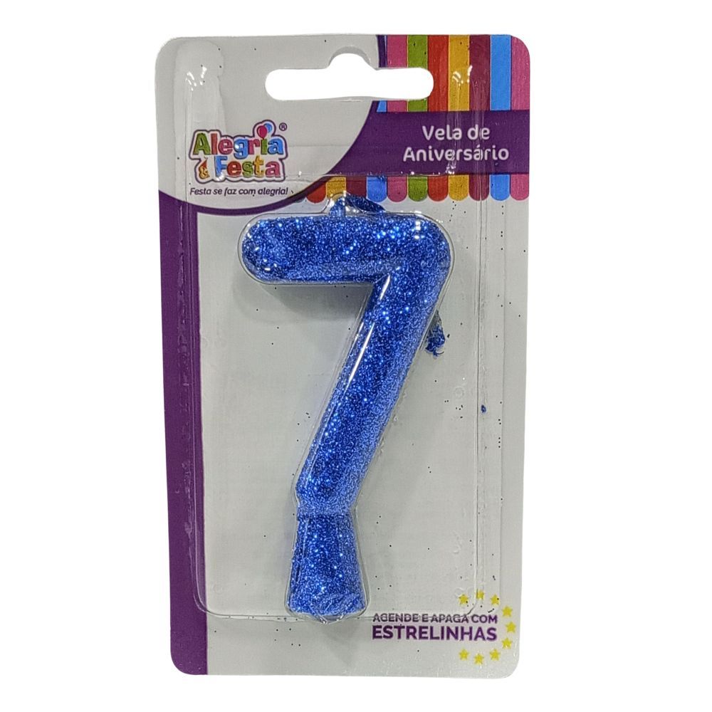 Vela de Aniversário Cintilante Azul Nº7 Alegria e Festa