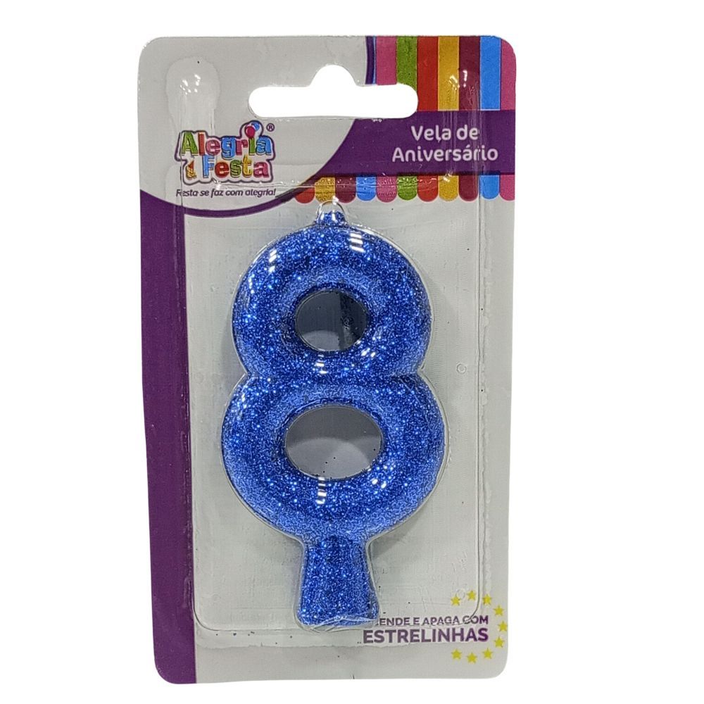 Vela de Aniversário Cintilante Azul Nº8 Alegria e Festa