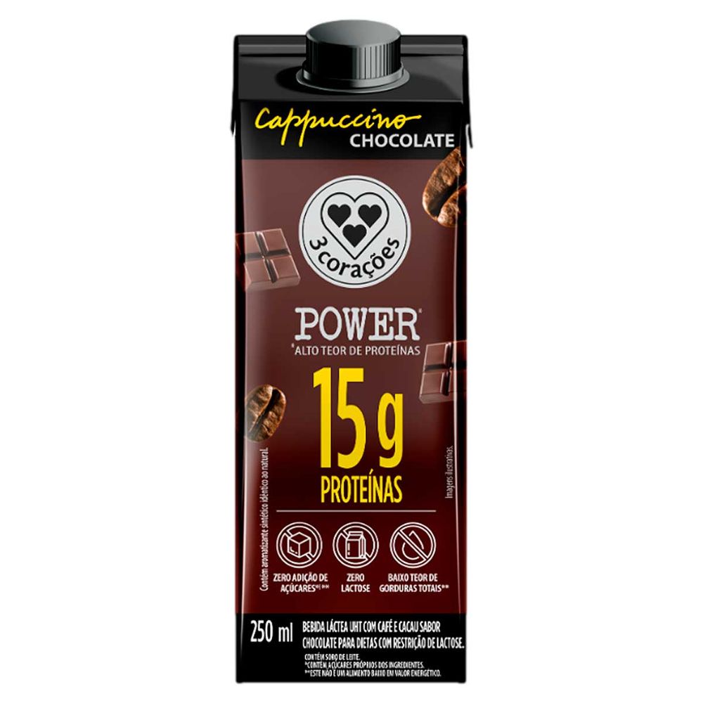 Bebida Láctea UHT Cappuccino Chocolate Zero Lactose 3 Corações Power 250ml