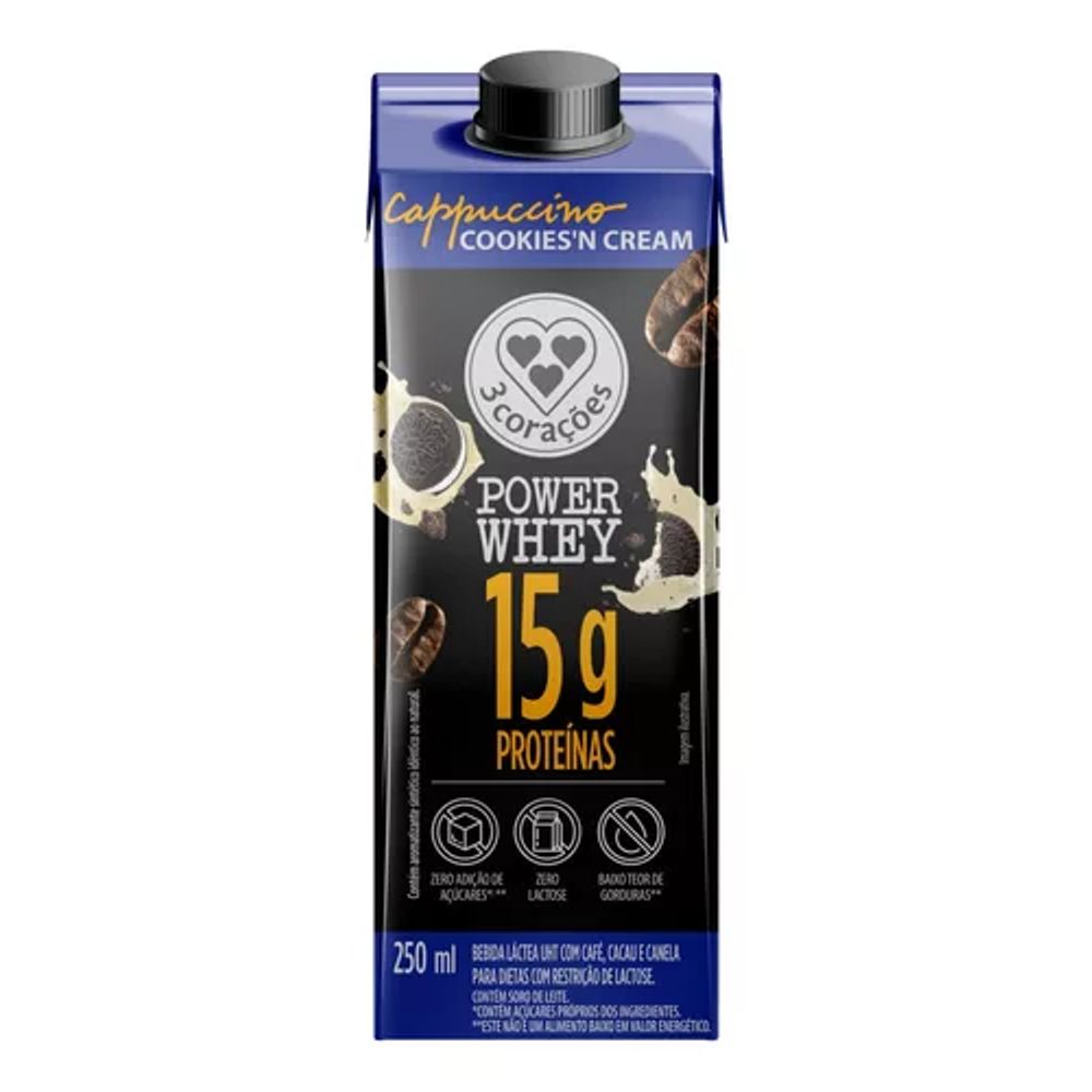 Bebida Láctea UHT Cappuccino Cookies'n Cream Zero Lactose 3 Corações Power 250ml