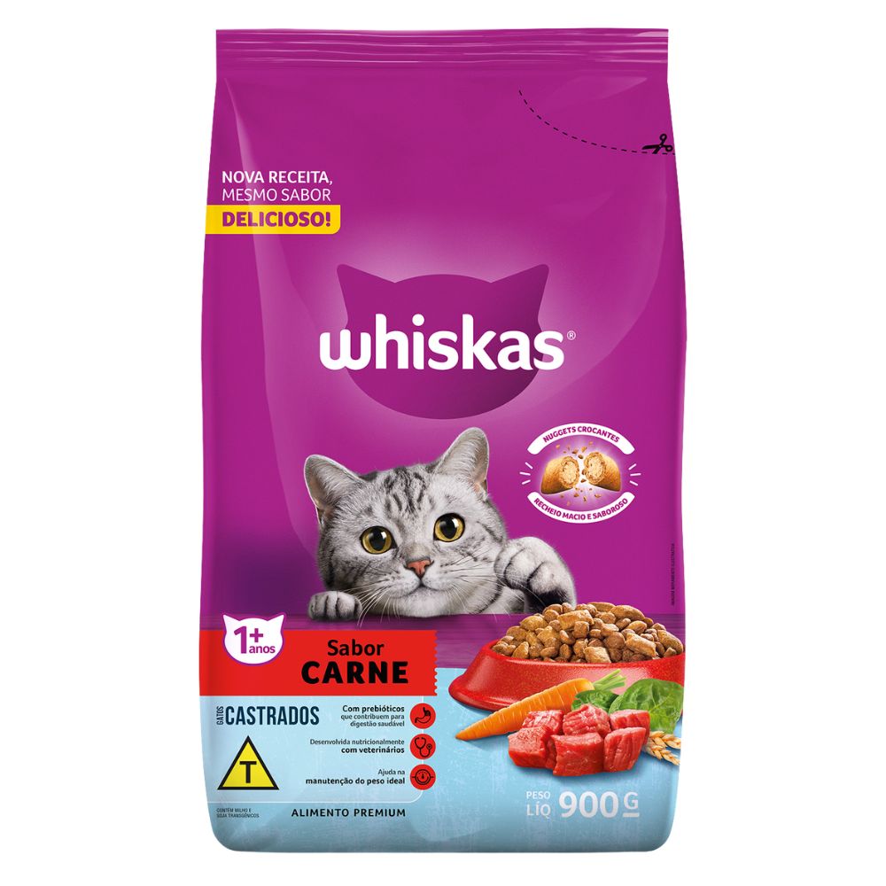 Ração Seca para Gatos Adultos Castrados Whiskas Carne 900g