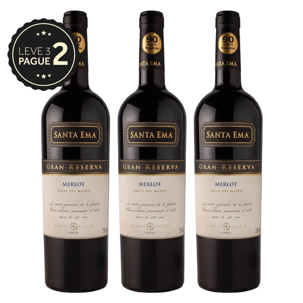 Vinho Chileno Santa Ema Gran Reserva Merlot 750ml Leve 3 Pague 2 KIT PRONTO