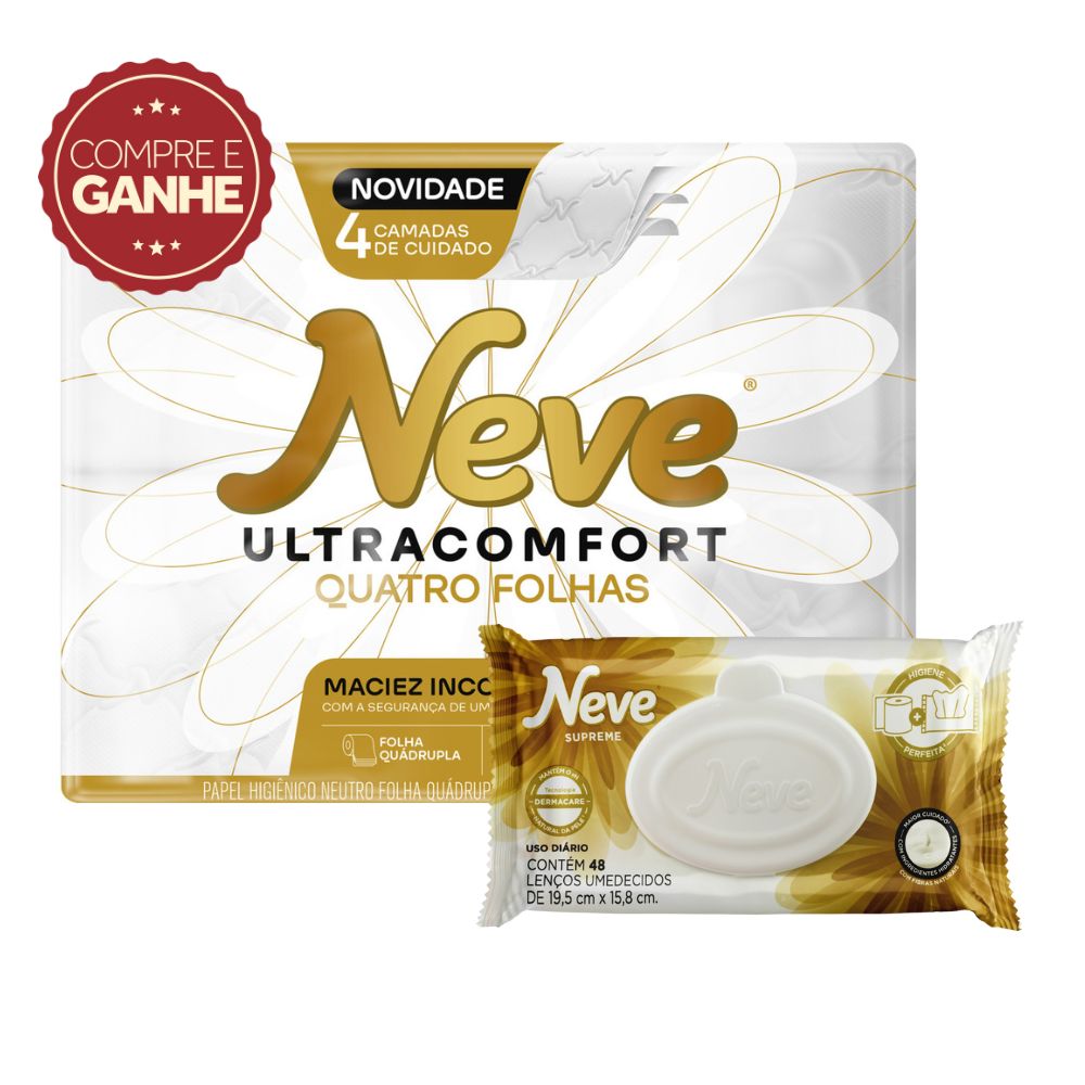 Papel Higiênico Neve Ultracomfort 12 Rolos 20m Grátis Lenço Umedecido Neve com 48un KIT PRONTO