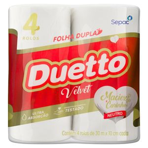 Papel Higiênico Folha Dupla Neutro Duetto Velvet 30m Pacote 4 Unidades