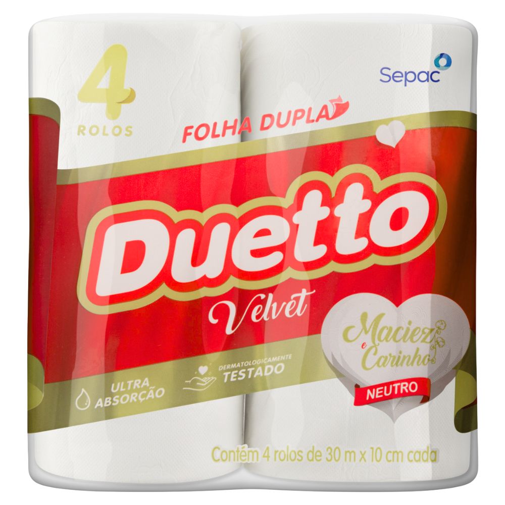 Papel Higiênico Folha Dupla Neutro Duetto Velvet 30m Pacote 4 Unidades