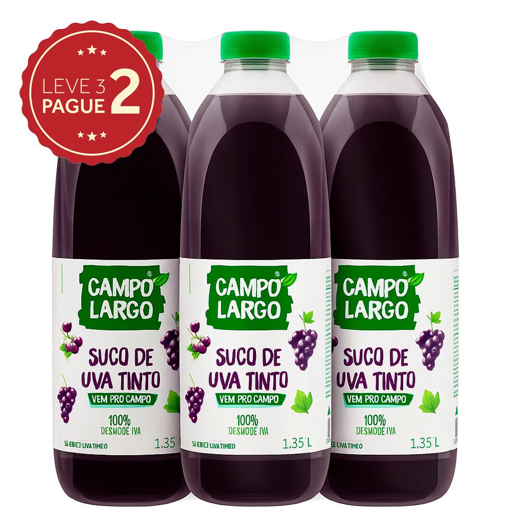 Suco Uva Tinto Campo Largo Garrafa 1,35L Leve 3 Pague 2 KIT PRONTO
