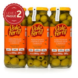 Azeitona Verde em Conserva sem Caroço Vale Fértil Vidro 280g Leve 3 Pague 2 KIT PRONTO