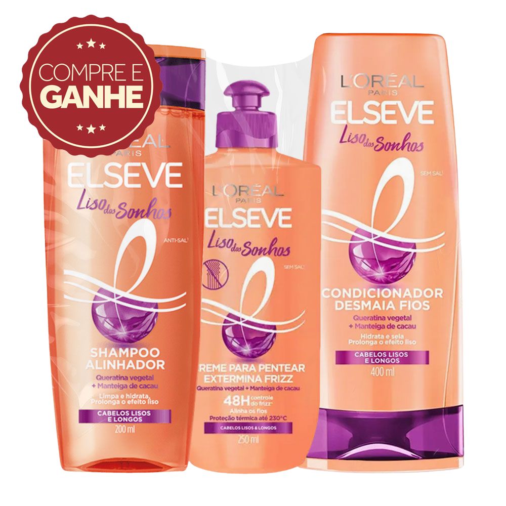 Shampoo 400ml + Condicionador 400ml Grátis Creme de Pentear 250ml Elseve Liso dos Sonhos KIT PRONTO