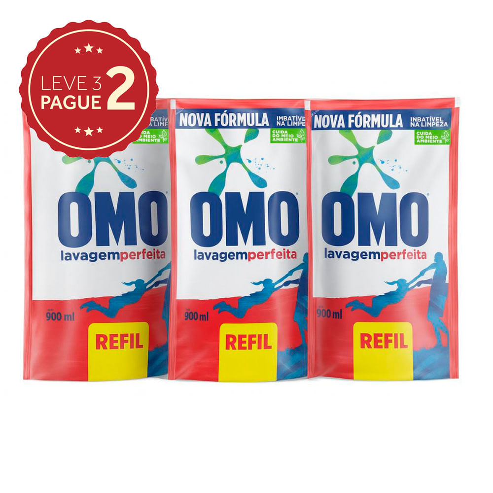 Lava-Roupas Líquido Omo Lavagem Perfeita Refil Sachê 900ml Leve 3 Pague 2 KIT PRONTO