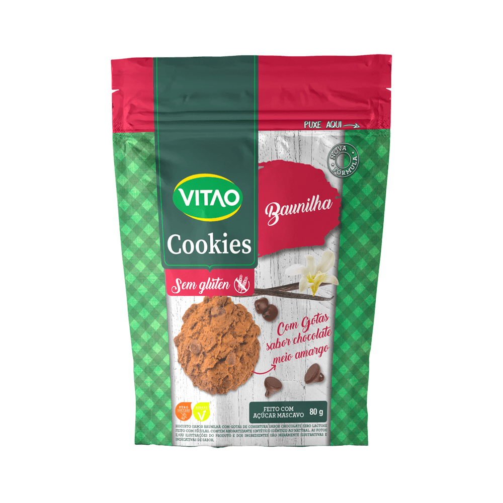 Biscoito Cookie Baunilha Com Gotas De Chocolate Sem Glúten Vitao Pacote 80g