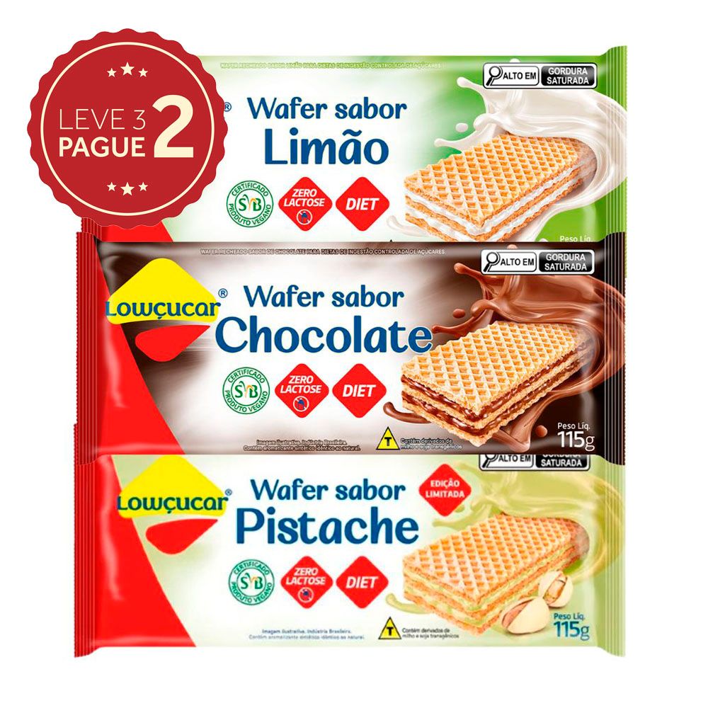 Biscoito Wafer Sabores Zero Lactose Lowçucar 115g Leve 3 Pague 2 KIT PRONTO