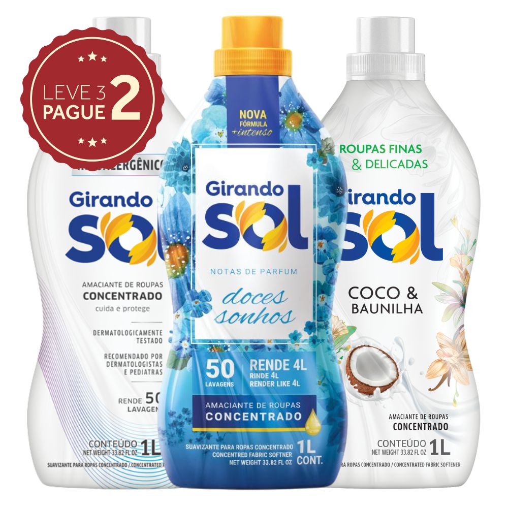 Amaciante Girando Sol Concentrado Tipos 1L Leve 3 Pague 2 KIT PRONTO