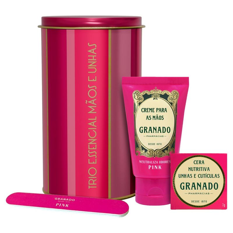 Kit Creme para Mãos 60g + Cera Nutritiva Unhas e Cutículas 7g + Lixa para Unhas Granado Trio Essencial para Mãos e Unhas Pink
