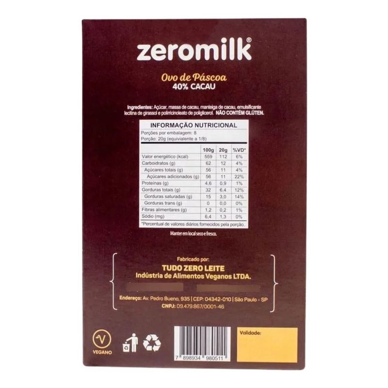 Ovo de Chocolate 40% Cacau Vegano Zeromilk 160g