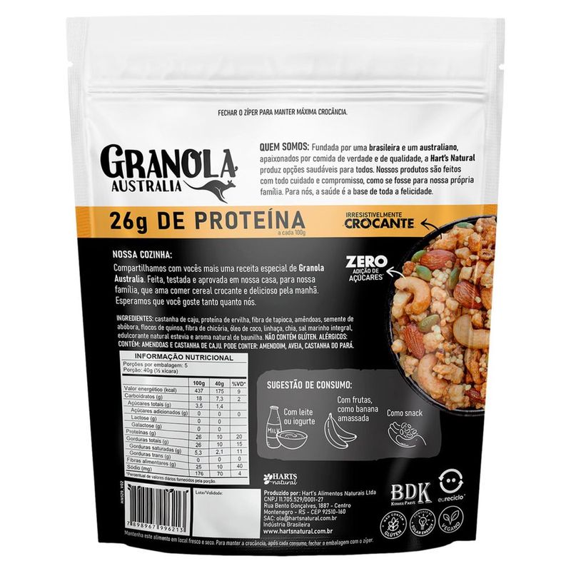 Granola Keto Protein Low Carb Vanilla Almond Crunch sem Glúten Hart's Natural Australia Pouch 200g