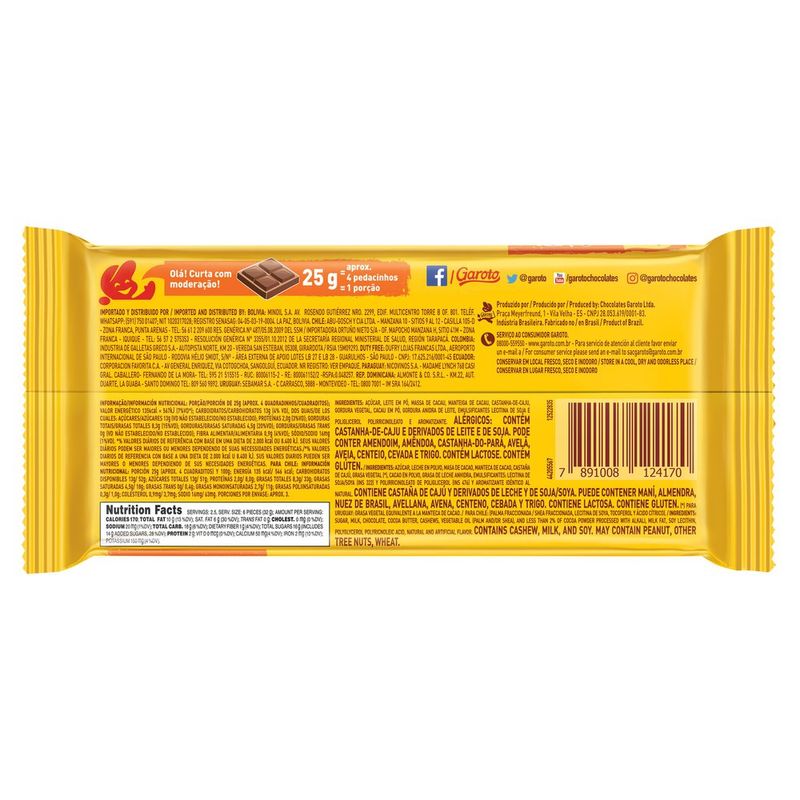 Chocolate Garoto Castanha de Caju Tablete 80g