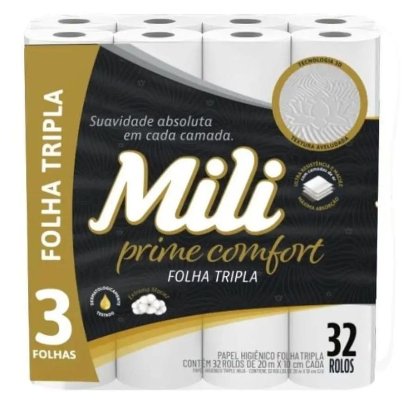 Papel Higiênico Mili Prime Comfort Folha Tripla com 32 unidades 20m