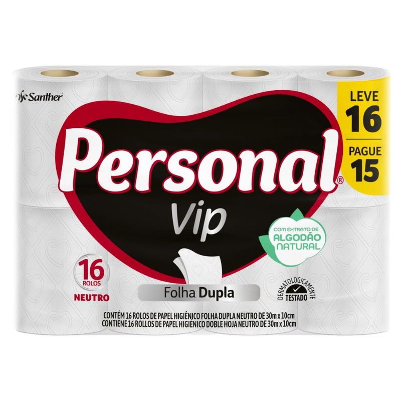 Papel Higiênico Folha Dupla Neutro Personal Vip 30m Pacote Leve 16 Pague 15 Unidades
