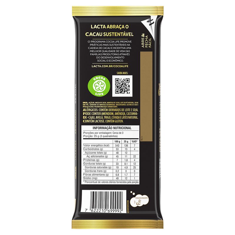 Chocolate Tablete 40% Cacau Lacta Intense Original 85g